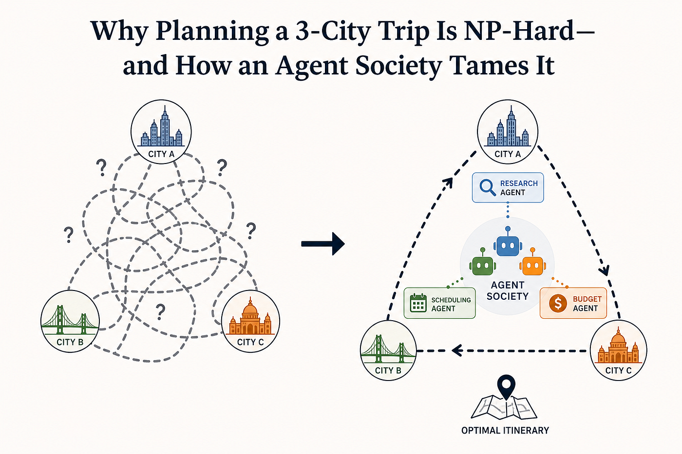 Why Planning a 3-City Trip Is NP-Hard — and How an Agent Society Tames It