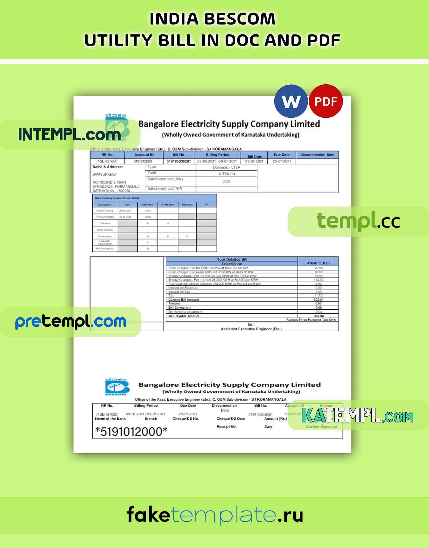 INDIA BESCOM utility bill download Word and PDF example