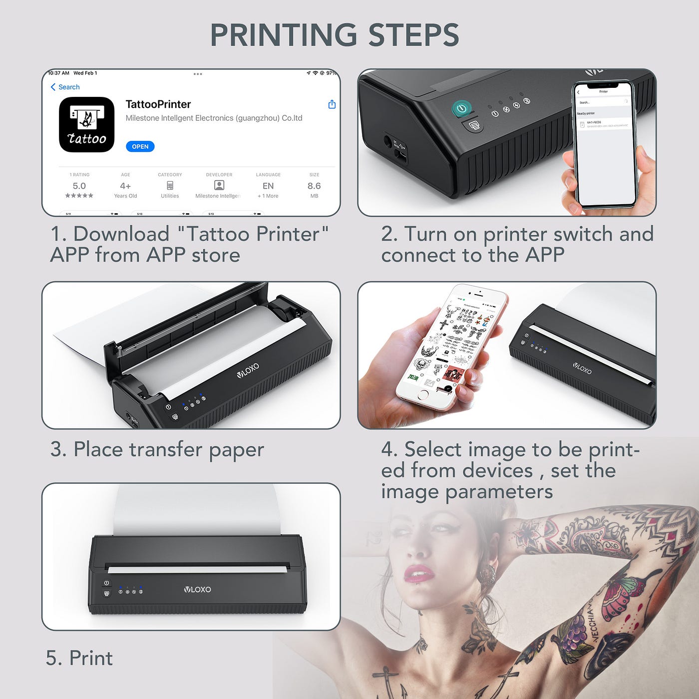 VLOXO Bluetooth Tattoo Stencil Printer 2023 Version Compatible with  IOS/Android/Windows System Rechargeable Thermal Tattoo Copier with 10 pcs  Free