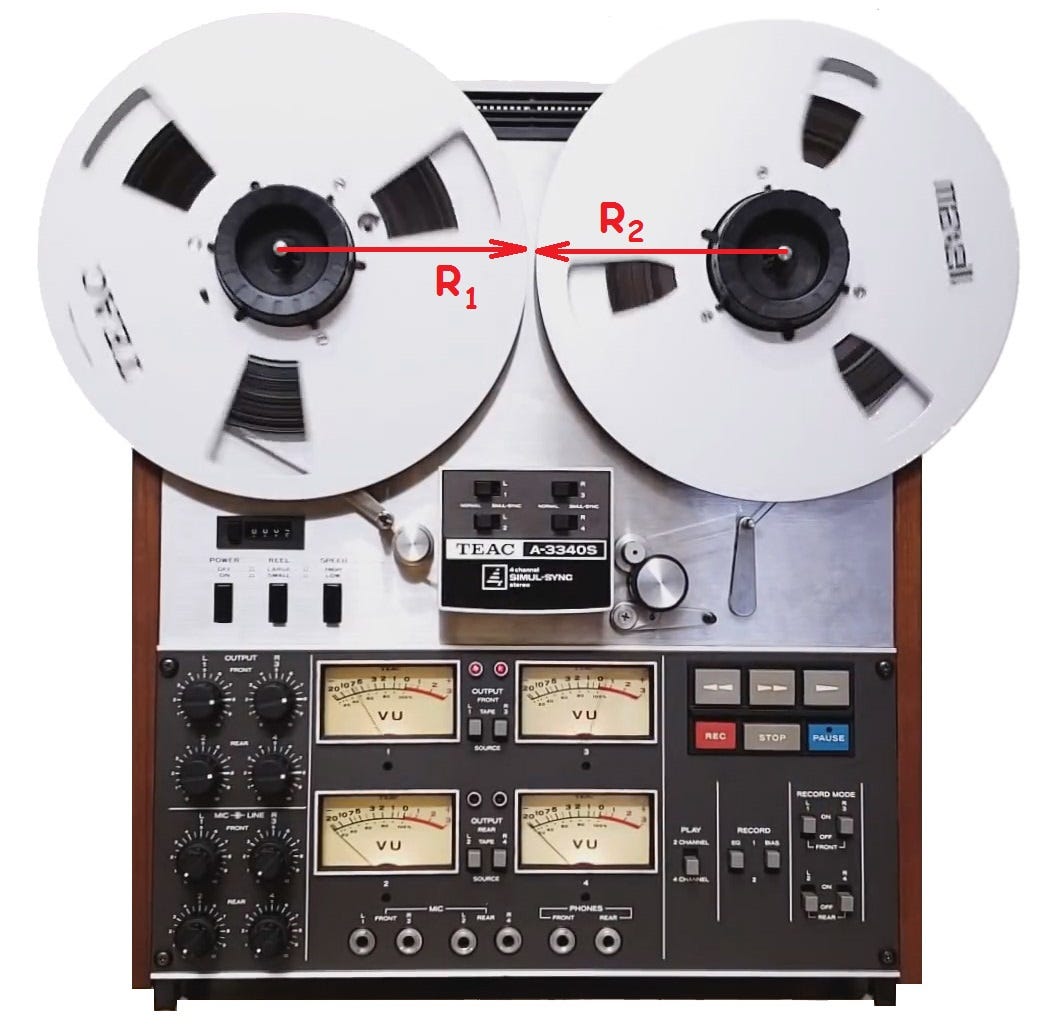 Spinning takeup reel of old analog reel-to reel audio tape recorder. Form  of magnetic tape audio recorder in which the recording medium is held on a  reel that is not in a