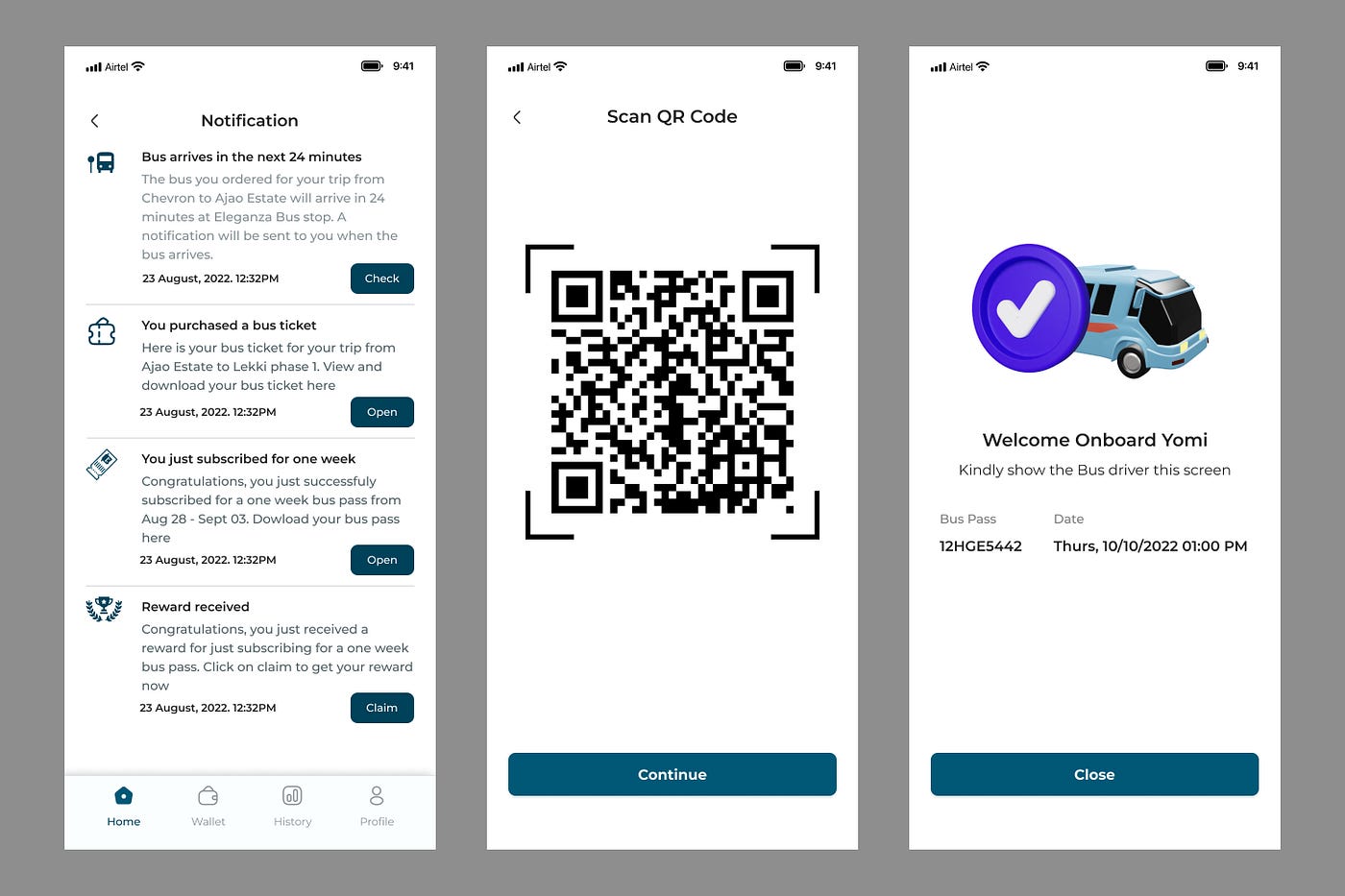 The Notification, QR code and welcome screen.