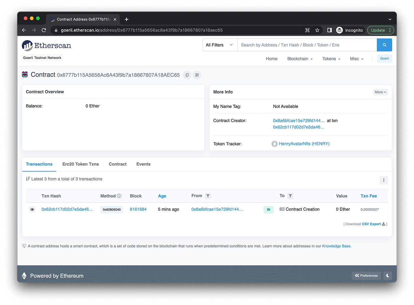 The deployed smart contract on Etherscan