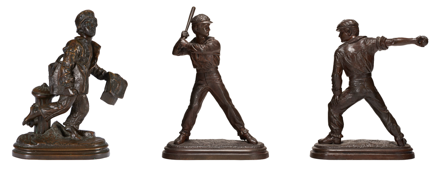 A Christie’s auction in 2023 included two baseball sculptures of 1868, the Karl Muller and John Deacon pitcher and striker, still highly prized among early-baseball collectors. Until that time I had been unaware that the duo were accompanied by a newsboy statuette, whose paper in hand portrayed “The Pitcher.”