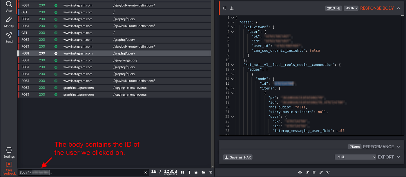 Filtering the requests containing the ID of the user we clicked on