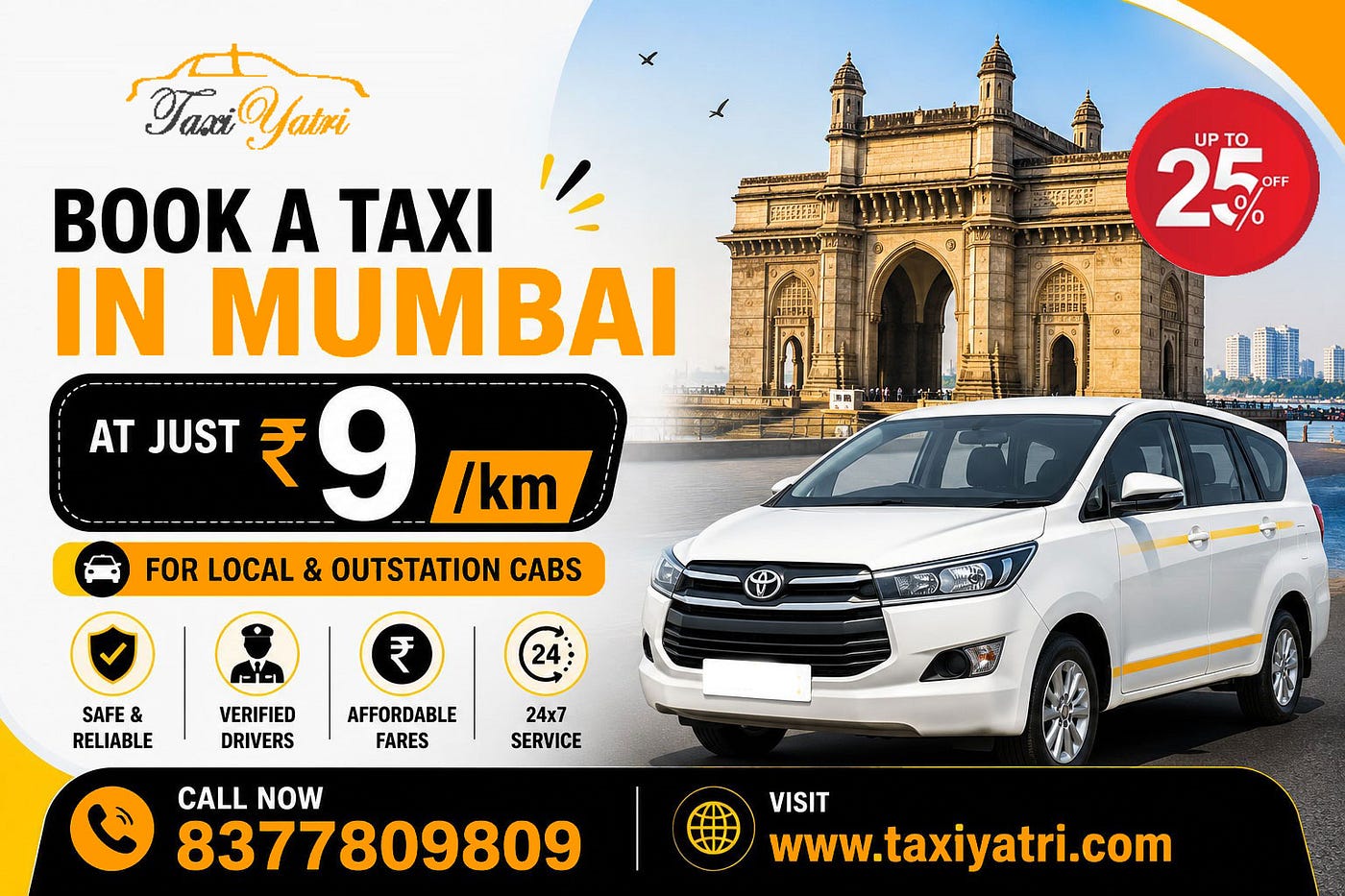 Book a taxi in Mumbai at ₹ 9/km with TaxiYatri for local & outstation cabs