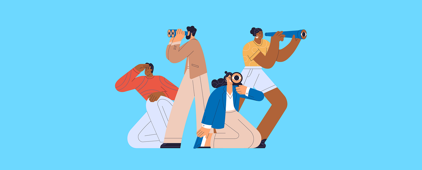 Ilustração de 4 pessoas procurando algo. Uma ao olho nú, uma com lupa, uma com binóculo e uma com luneta | imagem de shutterstock