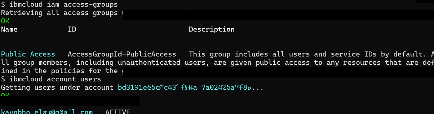 ibmcloud iam access-groups and account users — the default Public Access group and user state