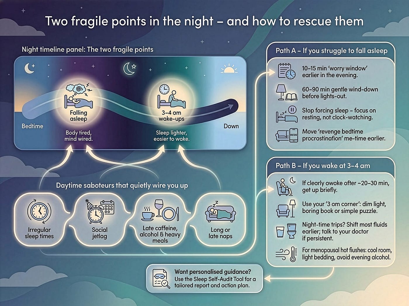 수면의 두 가지 취약 지점과 이를 극복하기 위한 전략을 보여주는 인포그래픽입니다.<BR>