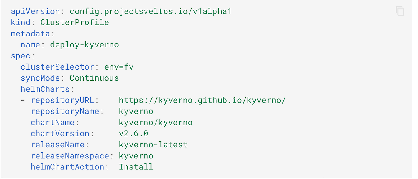 Sveltos: deploy Kyverno Helm chart in a set of managed clusters