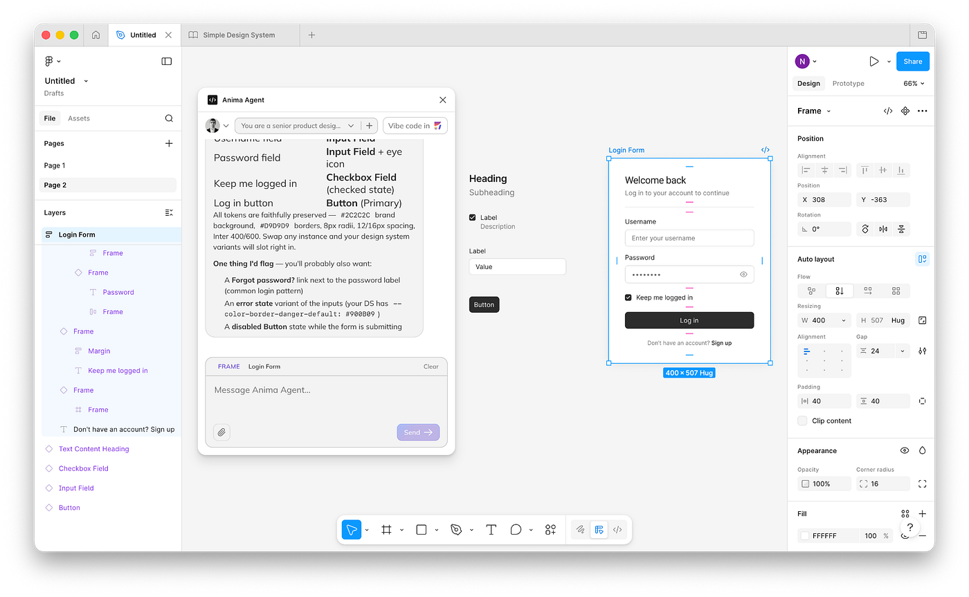 UI design generated by Anima using the provided components.