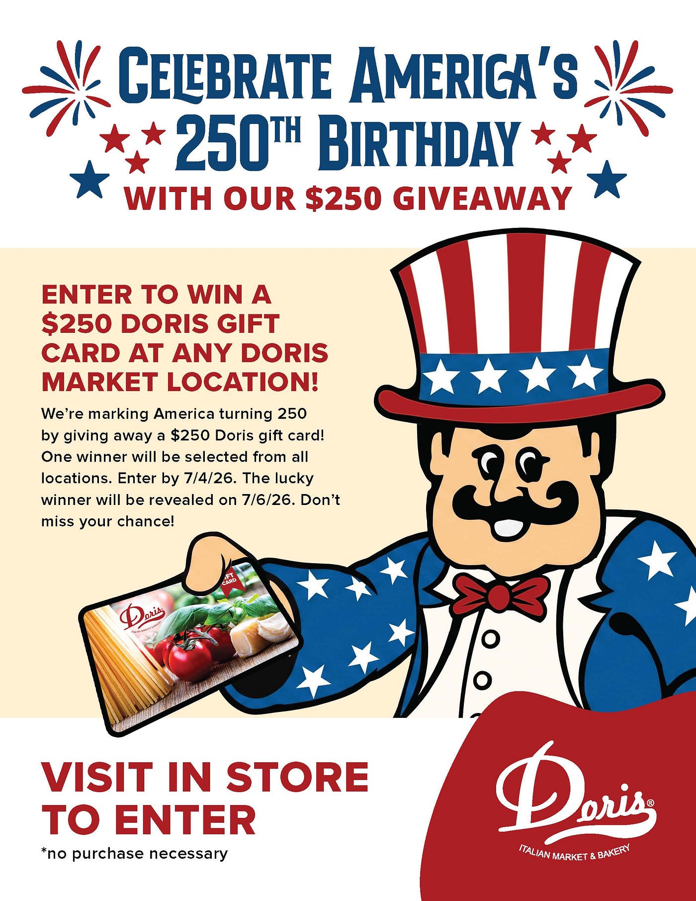 Doris Italian Market Celebrates Nation’s 250th Birthday with $250 Store Gift Card Giveaway