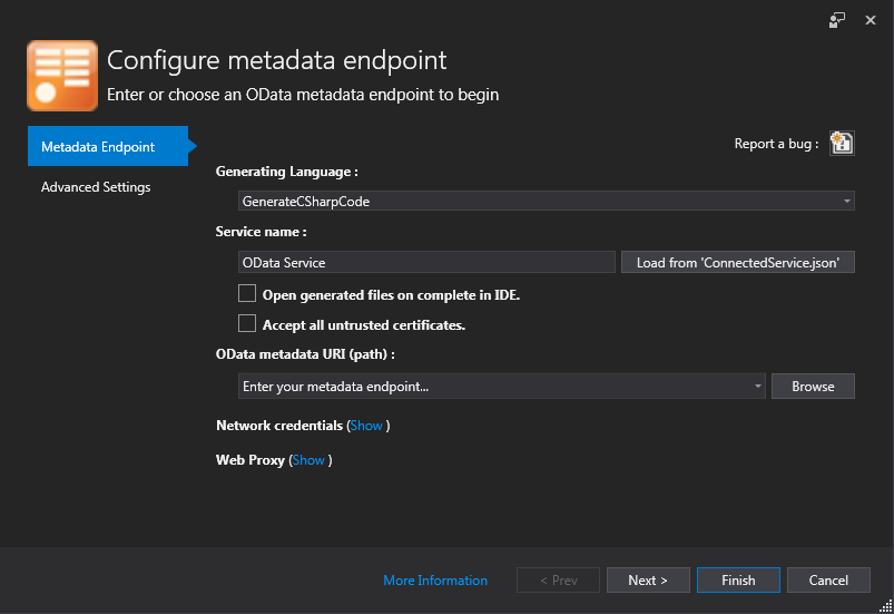 How to generate C# or Visual Basic client code for OData protocol