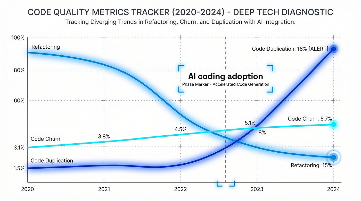 GitClear, 211 million lines of code: refactoring dropped 60%, code churn rose from 3.1% to 5.7%, code duplication 8x higher. The inflection point coincides with mass AI coding adoption.