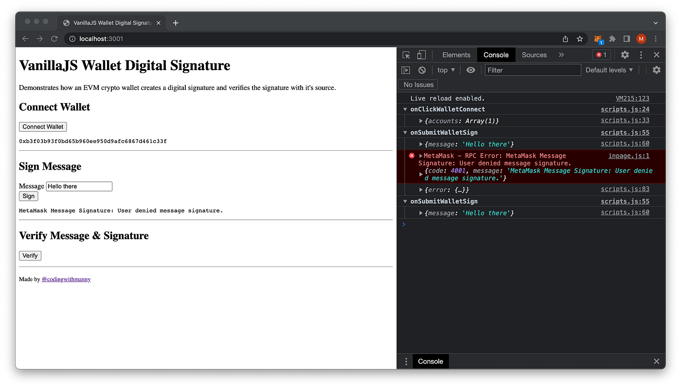 How To Create MetaMask Wallet Signatures With Pure VanillaJS | by Manny |  Medium
