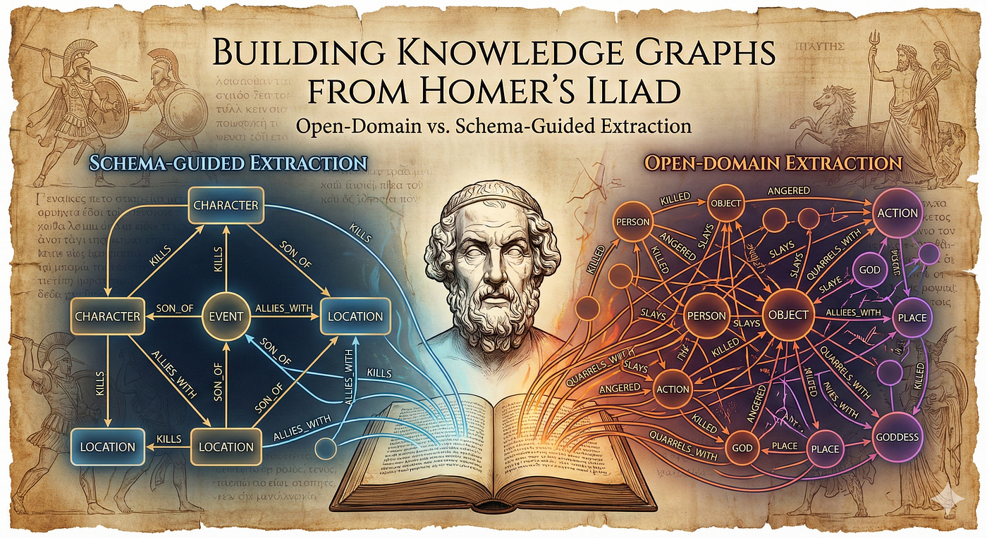 Building Knowledge Graphs from Homer’s Iliad: Open-Domain vs. Schema-Guided Extraction