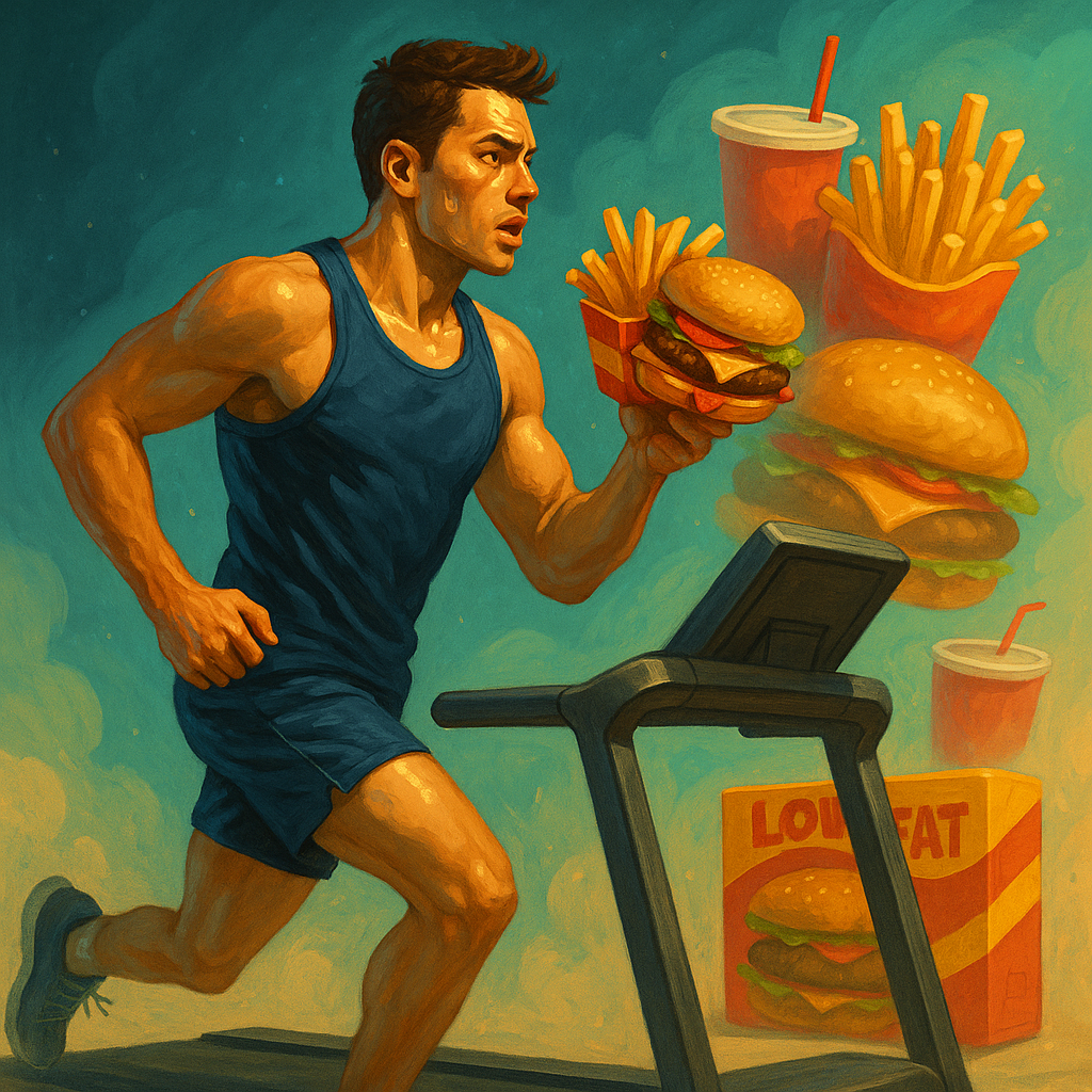 치즈버거와 감자튀김을 든 근육질의 남자가 러닝머신을 달리는 모습을 담은 초현실적인 디지털 일러스트레이션입니다.<BR> 배경에는 대형 패스트푸드가 떠 있습니다.<BR>