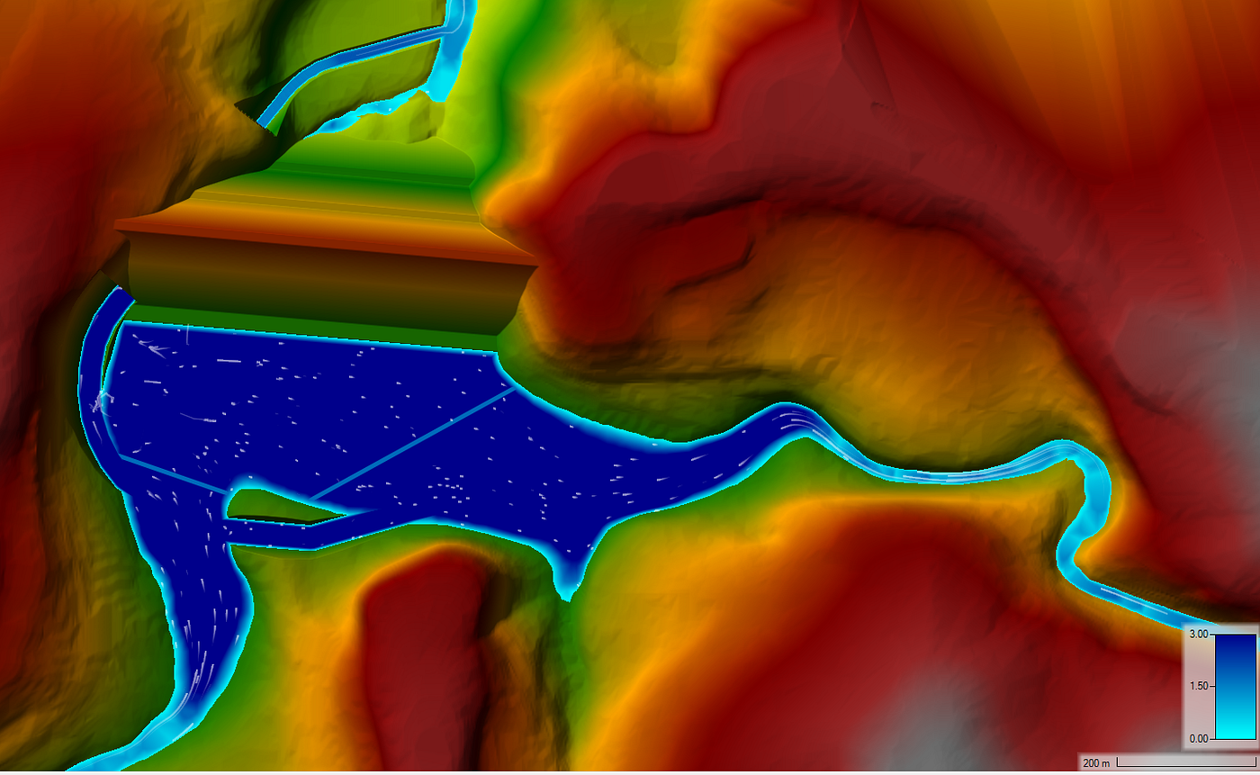 Water Surface Elevation shows +131.77 m, while Temporary Cofferdam elevation is +132 m in Q25 discharge