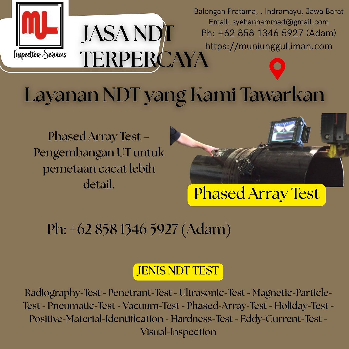 Jasa phased array ultrasonic testing untuk pembangkit listrik PLTA ,Subang — O858 I346 5927