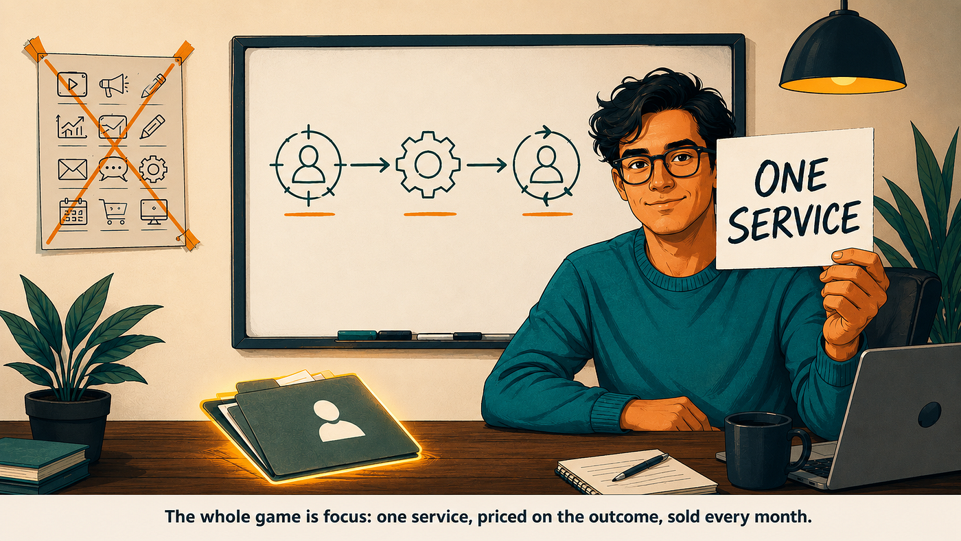 The whole game is focus: one service, priced on the outcome, sold every month.
