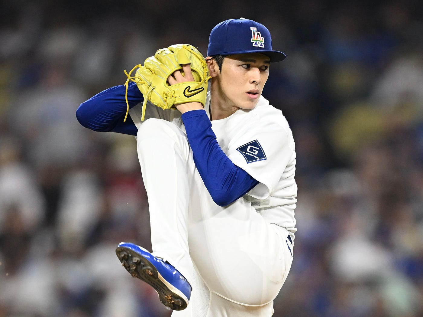 Roki Sasaki logged seven scoreless innings with a career-high 10 strikeouts on Friday. (Carrie Giordano/Los Angeles Dodgers)