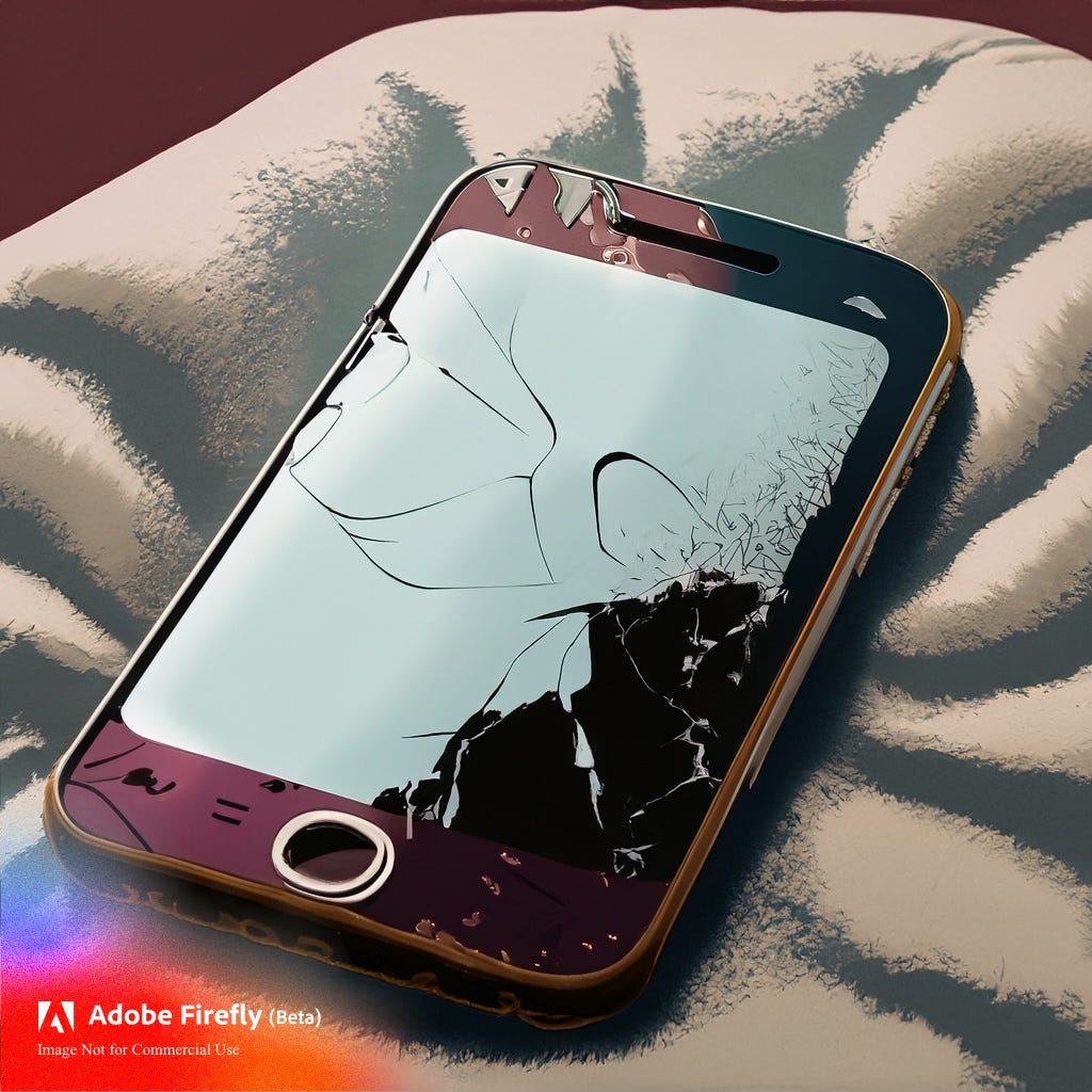 A broken iphone on a pillow. Adobe Firefly image by author