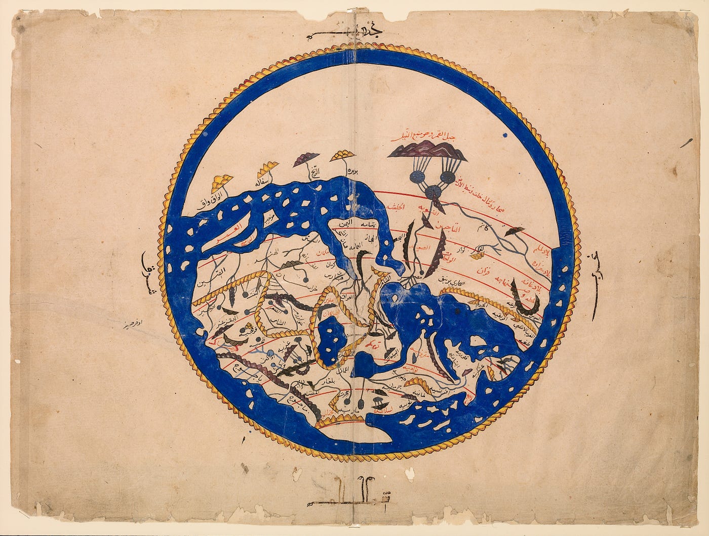 Al-Idrisi’s world map (a copy from a 16th-century manuscript). It depicts the known world, from the equator to the latitude of the Baltic Sea, and from the Atlantic to Siberia. Its cardinal directions are labeled in Arabic, with south positioned at the top of the map. Bodleian Library
