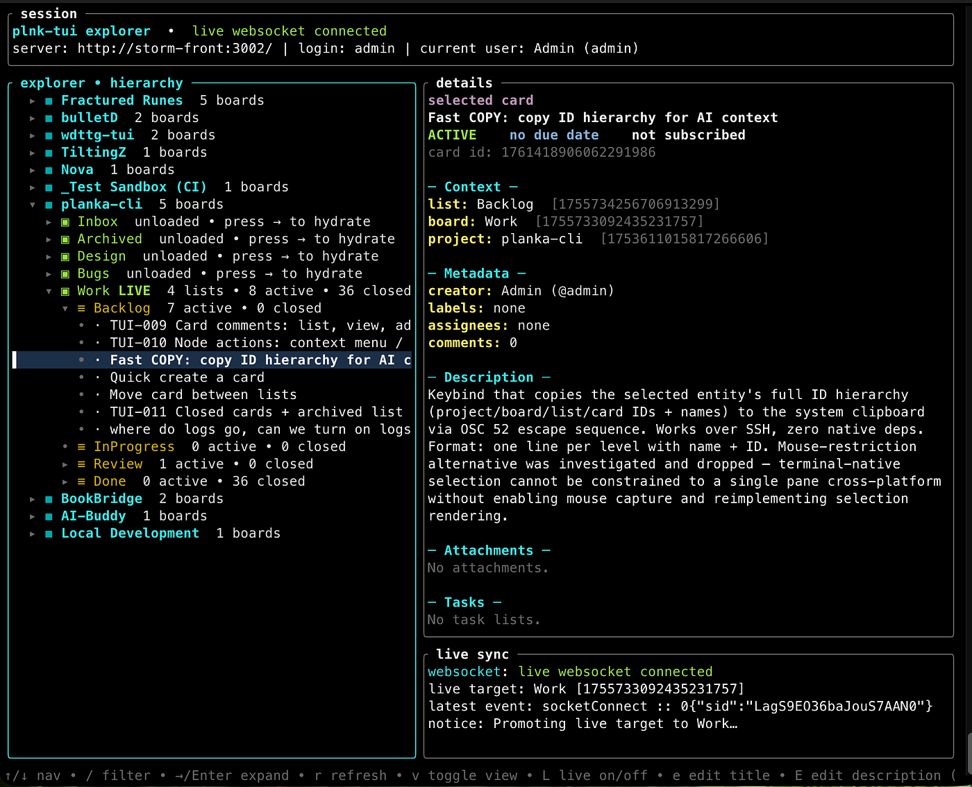 A companion to plnk: plnk-tui, Planka in the Terminal