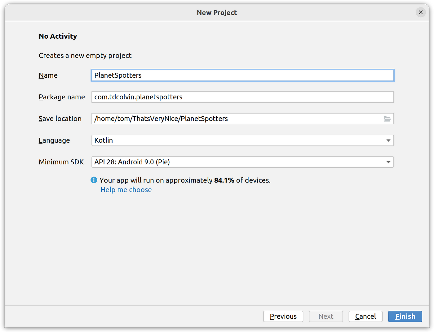 Android Studio ‘new project’ screen showing name entered ‘PlanetSpotters’