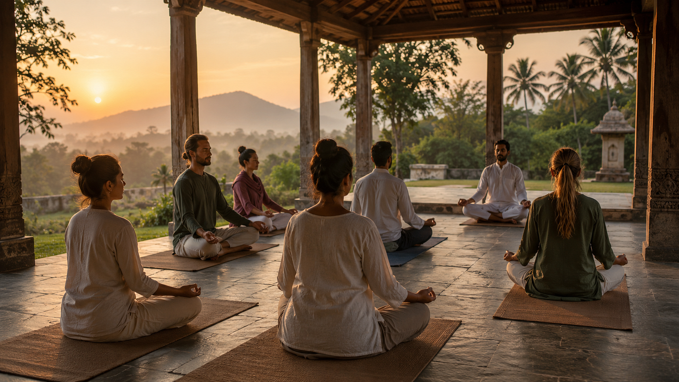 Morning pranayama practice in an open-air yoga shala, showing how yoga education in India is shaped by discipline, teacher guidance, and shared practice.