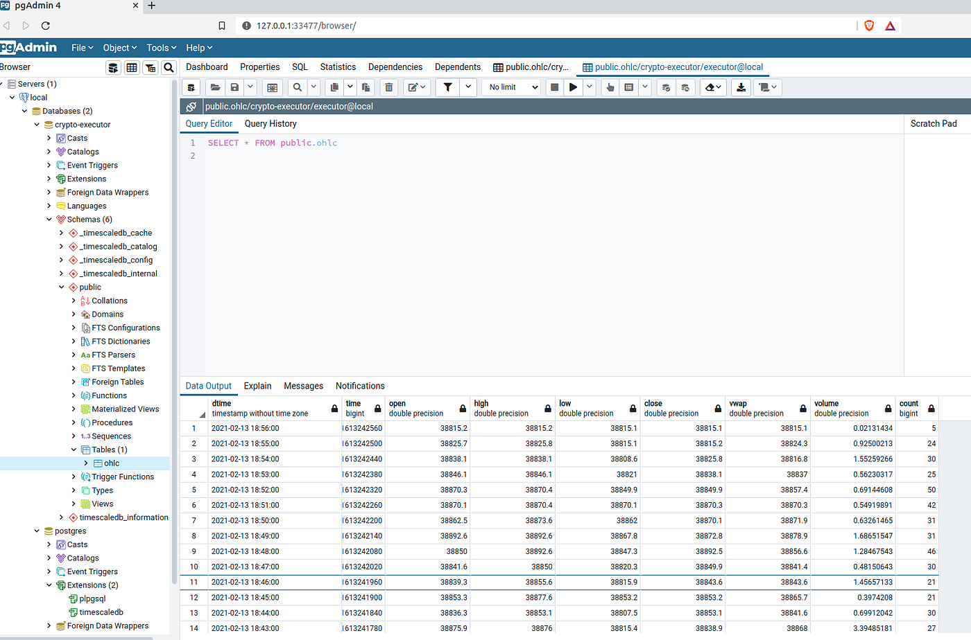 Use timescaleDb to store data from Kraken Api