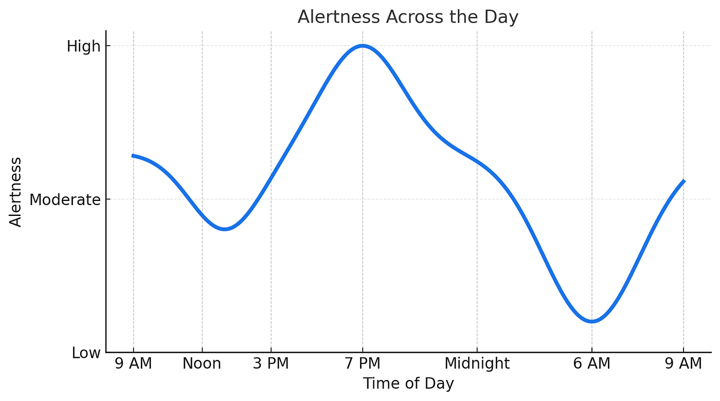 오후 중반에 약간 떨어지고, 저녁에 정점에 이르고, 밤에는 최저점을 찍고, 새벽 무렵에 상승하는 등 하루 종일의 자연스러운 경계 상태를 보여주는 선 그래프입니다.<BR>