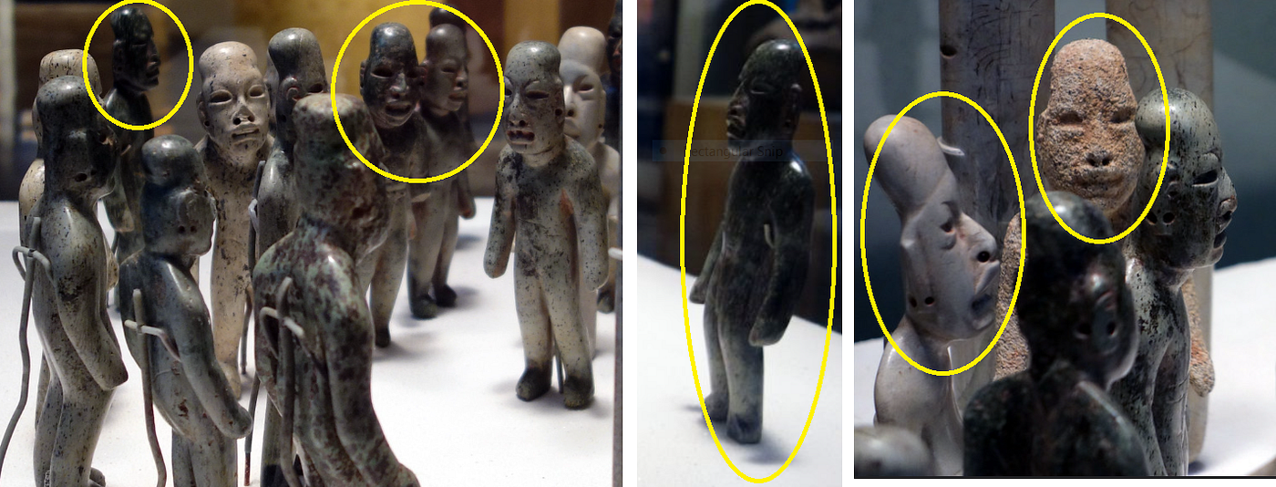 Note: dark colors, lower-jaw prognathism, broad noses, thick lips. Olmec Offering Figurines. c. 900–400 BC. Serpentine, jadeite, and granite. From La Venta, Mexico (National Museum of Anthropology, Mexico City). Caption and images by Dr. Billie Follensbee, “Offering #4, La Venta,” in Smarthistory, September 8, 2016, accessed May 28, 2026, https://smarthistory.org/offering-4-la-venta/. “Standing human figures excavated at La Venta are some of the most iconic works of Olmec art.” Caption by Olmec art on the Metropolitan Museum of Art’s Heilbrunn Timeline of Art History (by Dr. James Doyle)