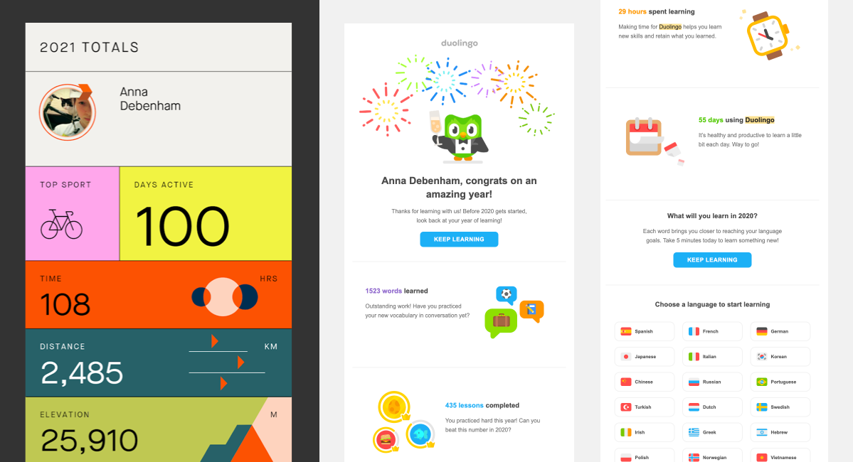 A screenshot of Strava’s Year in Sport, and Duolingo’s yearly summary email, both of which have graphics and stats.
