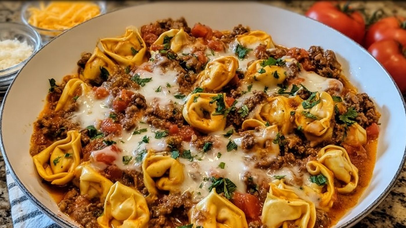 One-Pot Cheesy Enchilada Tortellini with Beef