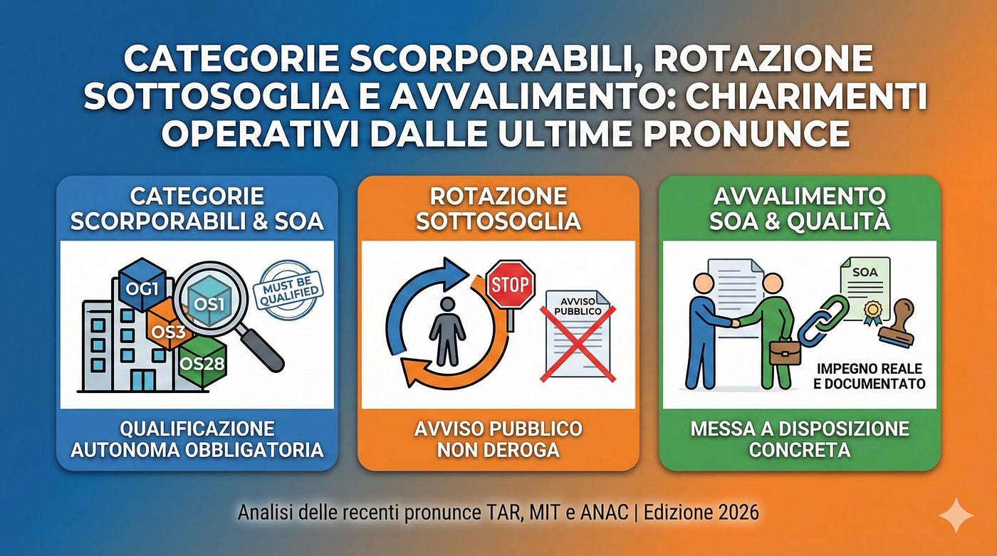 Categorie scorporabili, rotazione sottosoglia e avvalimento: chiarimenti operativi dalle ultime…