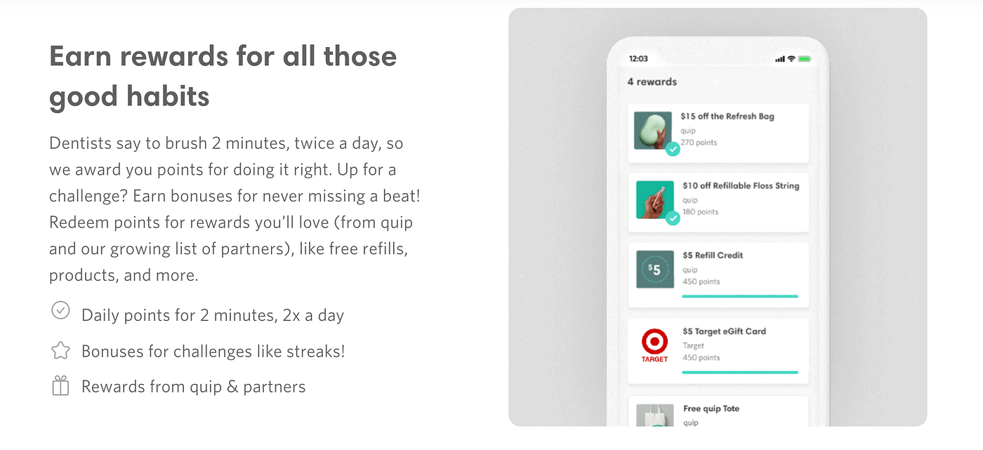 “Earn rewards for all those good habits… [description of how to use a Quip]” next to illustration of the Quip app on a phone.