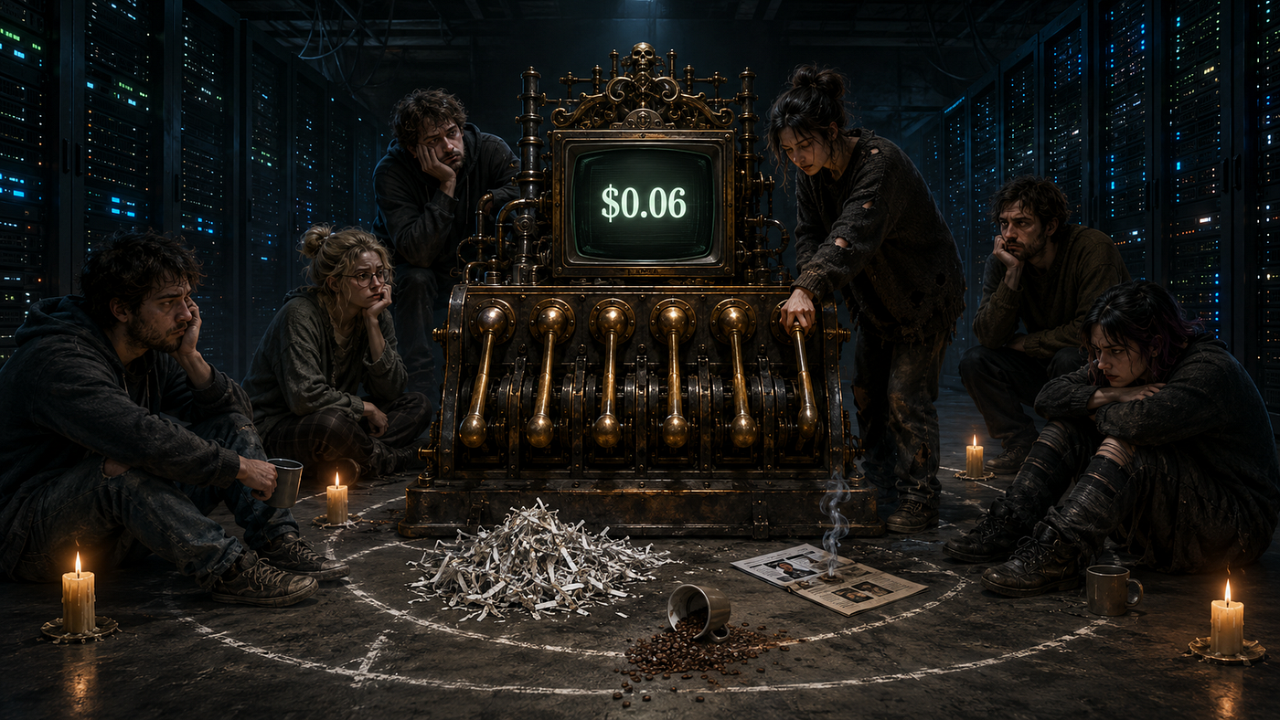 Six writers. Six levers. Six cents. Visual ritual conjured with ChatGPT.