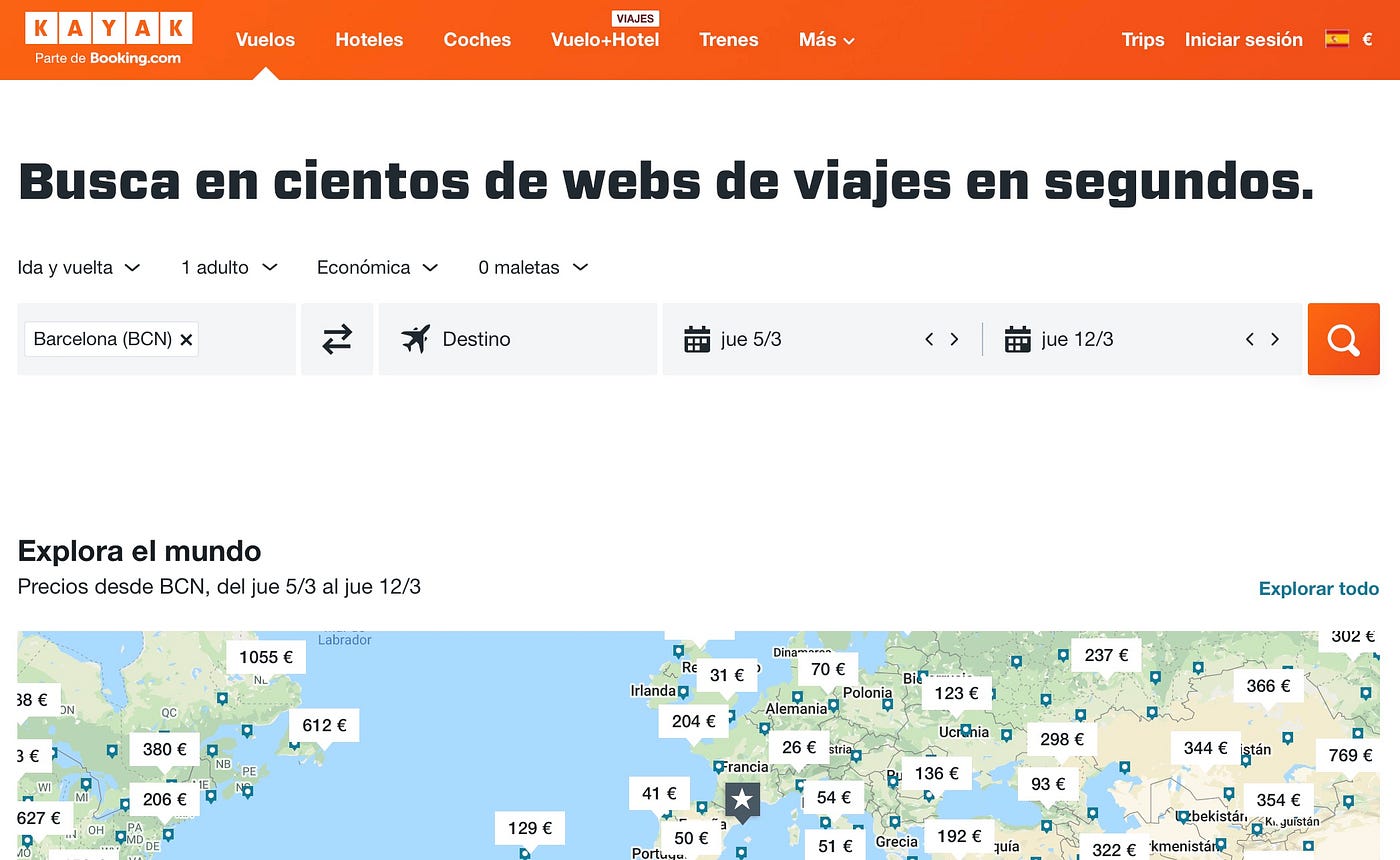 Portada del sitio web Kayak