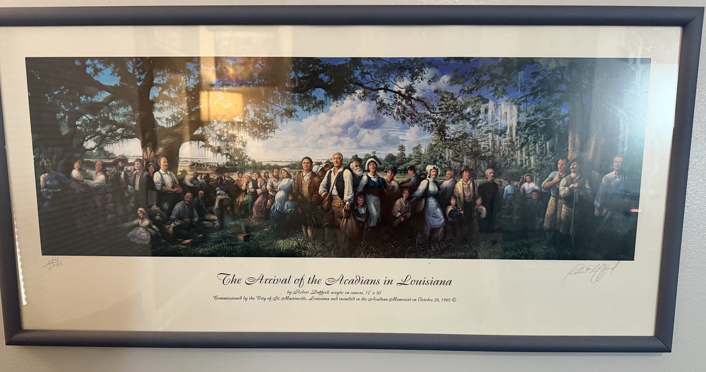 “The Arrival of the Acadians in Louisiana.” The first real gift I ever gave my mom. It hung in her home until 2013. Now it hangs in mine. Same frame. Same story.
