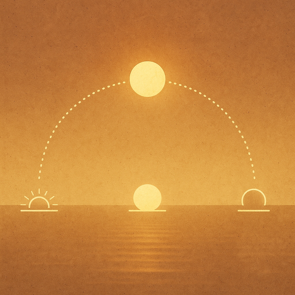 태양이 떠오르고, 정오에 도달하고, 호를 그리며 지는 모습을 양식화된 시각 자료로 표현한 것으로, 일광 주기에 따라 지배되는 자연스러운 생체 리듬을 상징합니다.<BR>