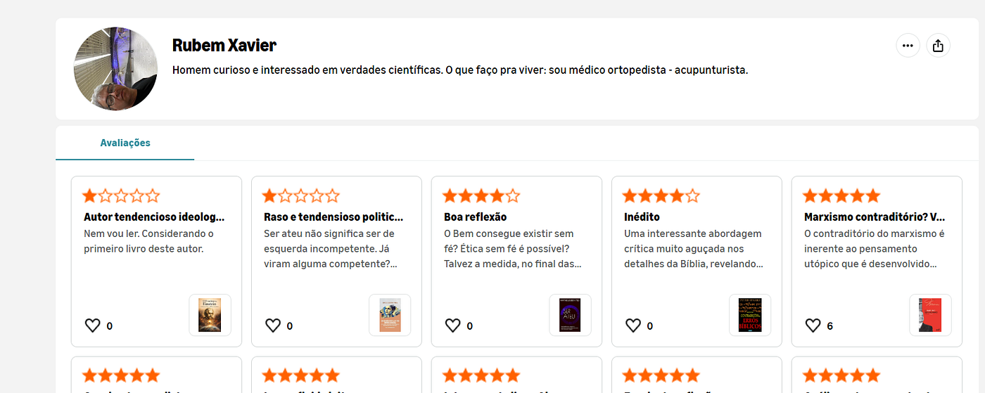 Conjunto de revisões do leitor. O livro do Matheus Benites, que respeito e entrevistei no meu canal, ele avaliou bem. Benites é um filósofo, apolítico, e esteve no meu canal para falar do doutoramento dele. Ele não se define como neoateu, e tem uma abordagem mais limpa e filosófica.