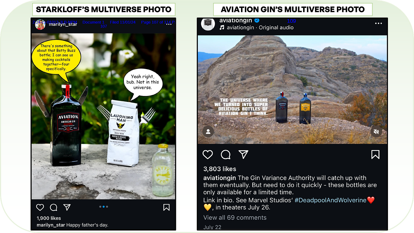 Aviation Gin’s “multiverse” photo that was posted on the premiere day of Deadpool & Wolverine looks suspiciously similar to Starkloff’s “multiverse” photo from a month earlier