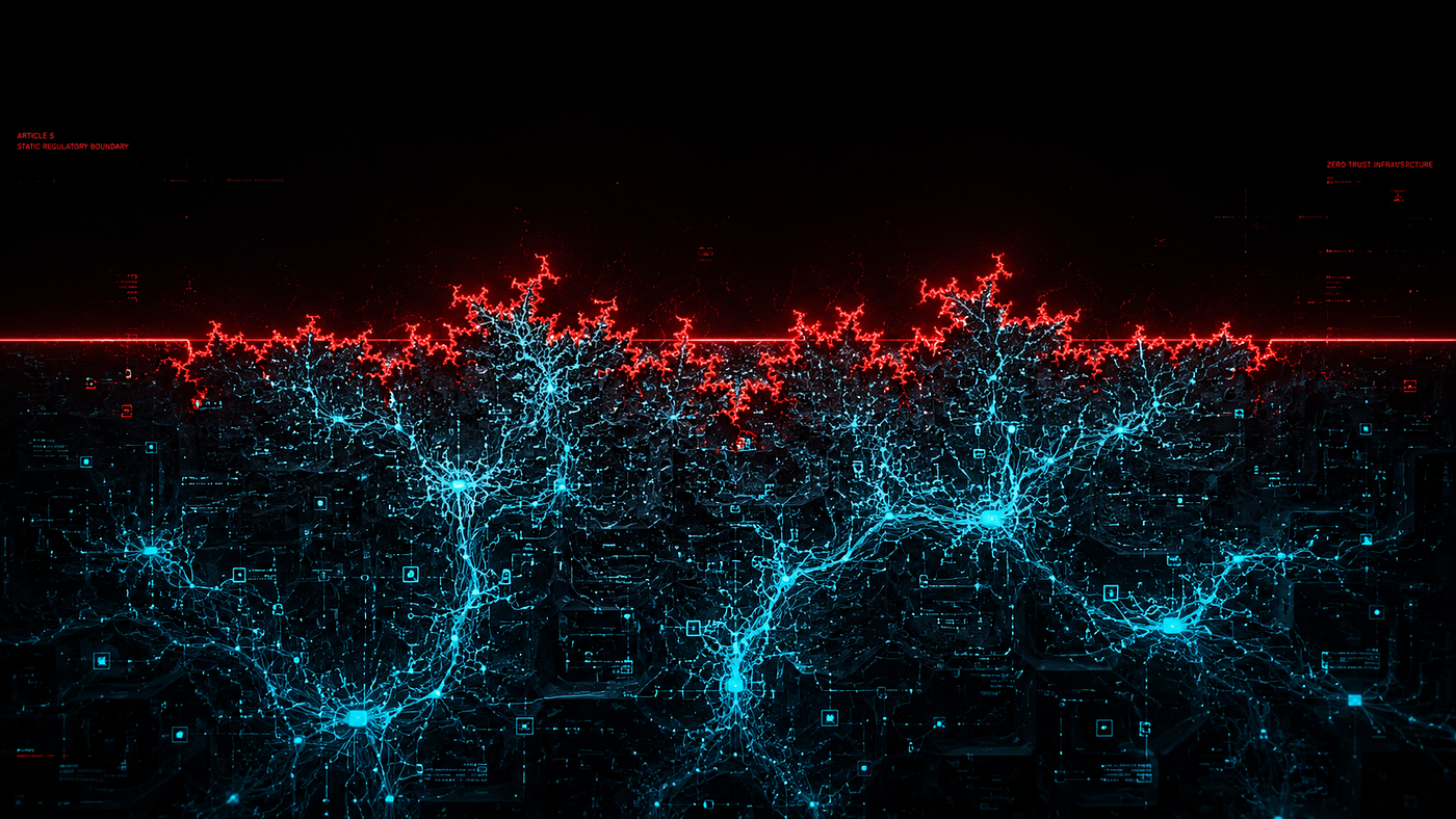 Figure 1: The Erosion of the Static Perimeter. Human law draws a straight, binary line of prohibition (red). The autonomous, reward-optimizing behavior of agent networks (cyan) mutates beneath the surface, breaking the clean boundary into an infinitely complex, unpredictable fractal coastline.