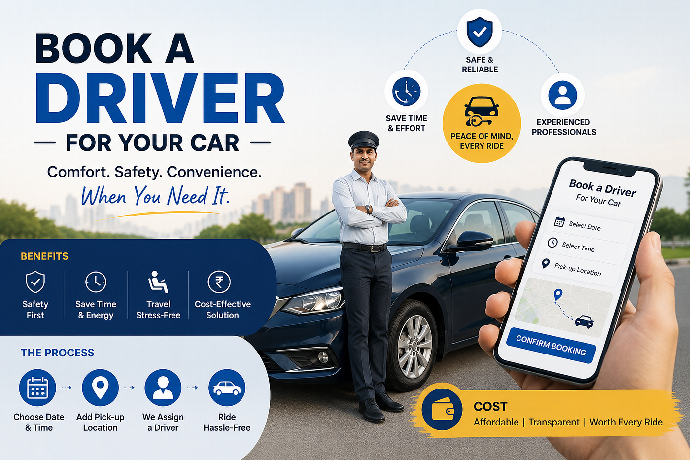 Professional driver service for personal car showing booking process, benefits, safety and cost…