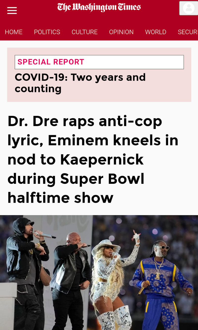 Dr. Dre raps anti-cop lyric, Eminem kneels in nod to Kaepernick during  Super Bowl halftime show - Washington Times