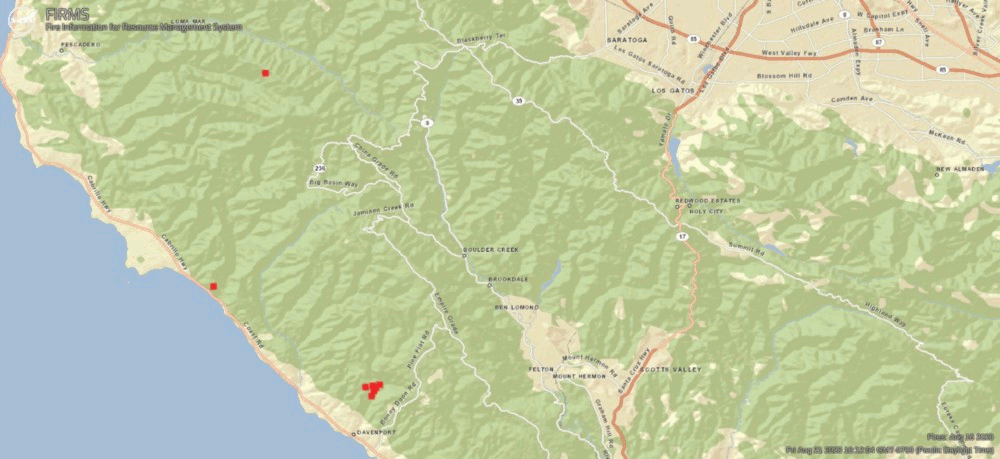 Animated gif showing red areas (representing fires) growing and spreading near the coast south of San Jose.