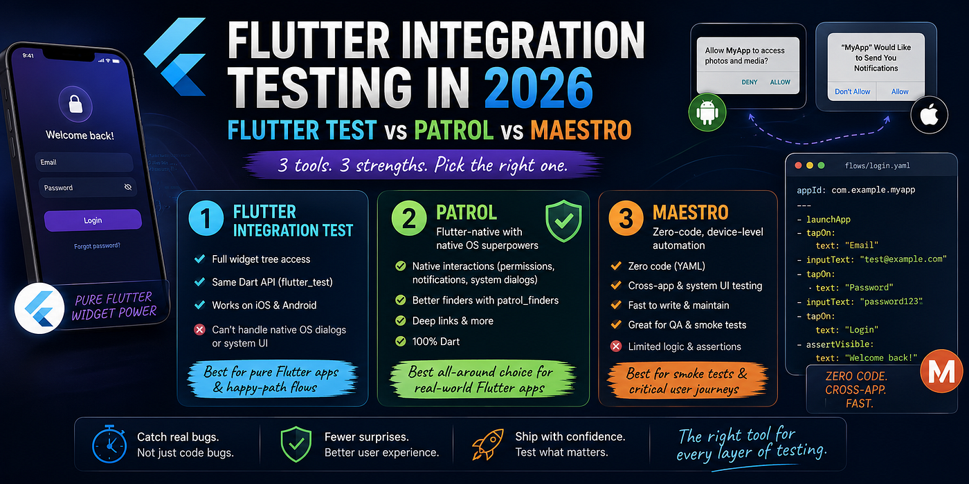 Flutter Integration Testing in 2026: Flutter Test vs Patrol vs Maestro