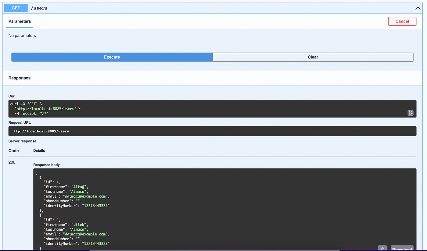 user-controller altındaki GET /users endpointine tıklayalım, ardından ‘Try it out’ butonuna tıklayalım. Execute butonuna tıkladığımızda Response Code ve Response Body döndüğünü görebiliriz.