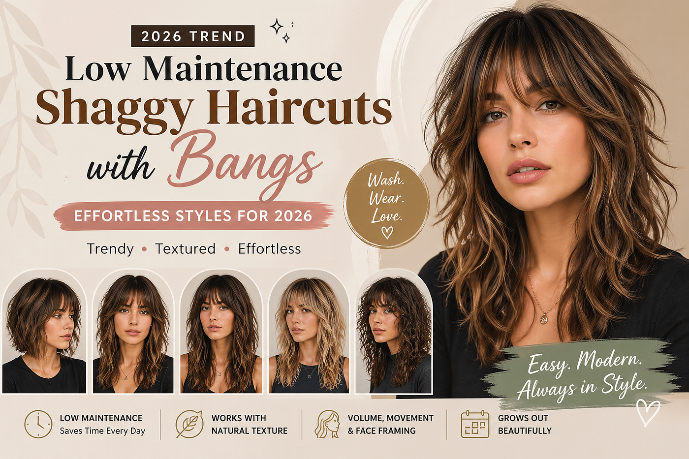Low Maintenance Shaggy Haircuts with Bangs: Effortless Style for 2026