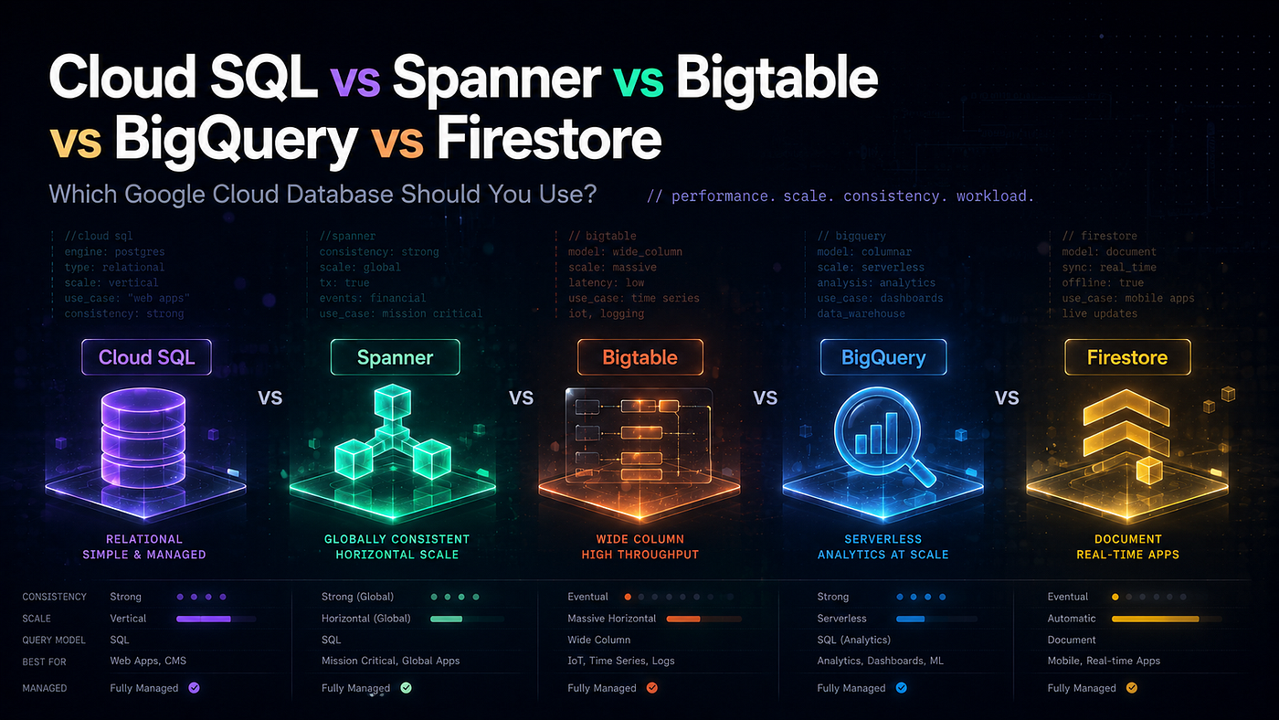 Cloud SQL vs Spanner vs Bigtable vs BigQuery vs Firestore